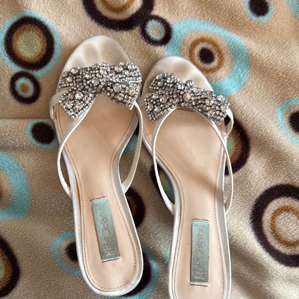 Betsey Johnson “Blue” crystal embellished, bow satin sandals